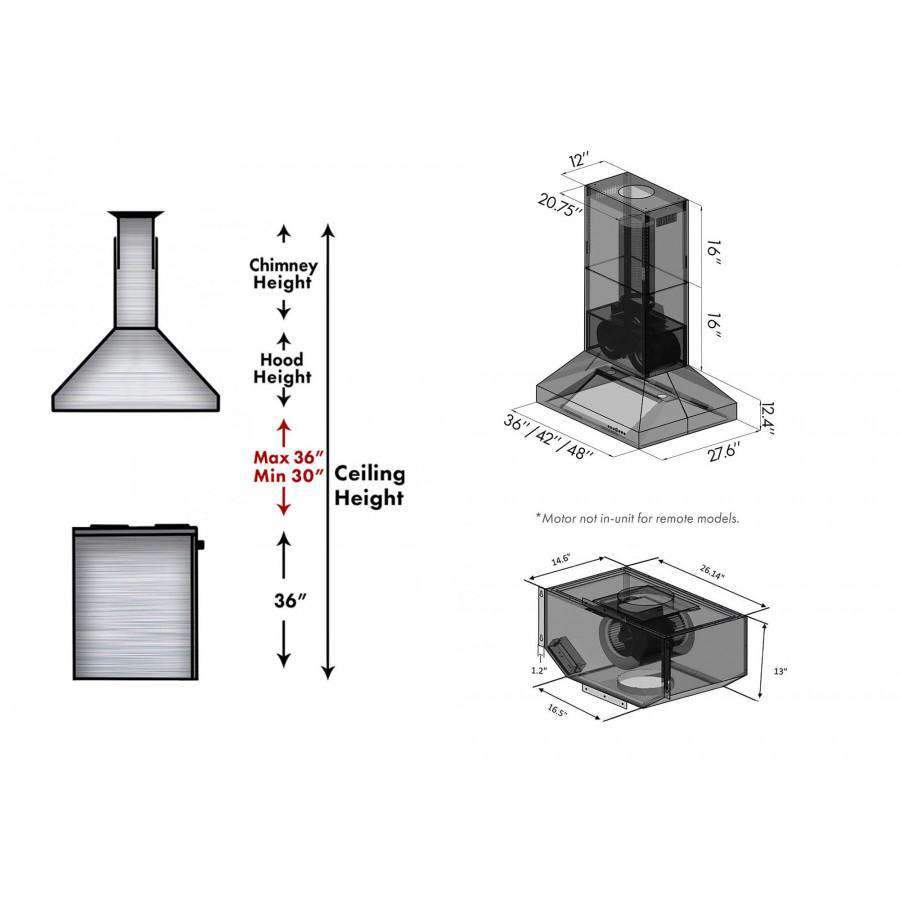 Wall range hood height and clearance measurement diagram with chimney and duct box