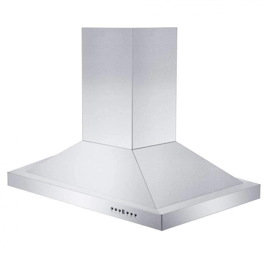 Stainless steel island range hood with tall chimney stack and front control buttons