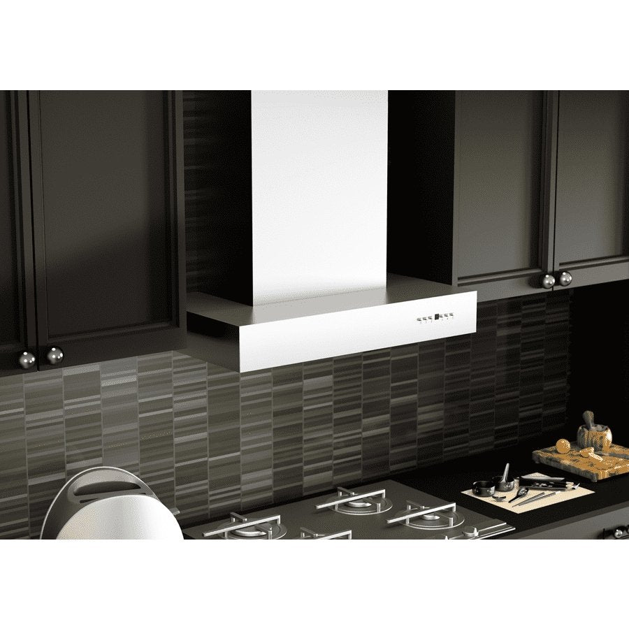 Stainless wall range hood over cooktop with slim vent hood and control panel