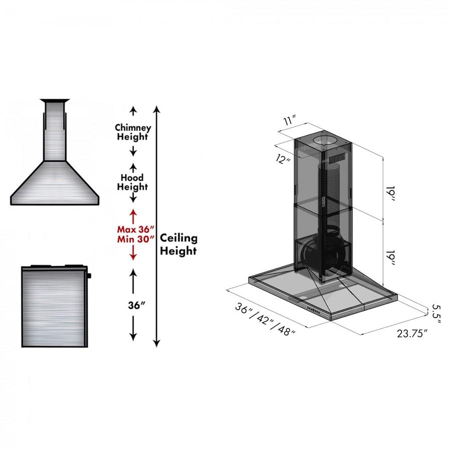Stainless steel island range hood installation dimension diagram