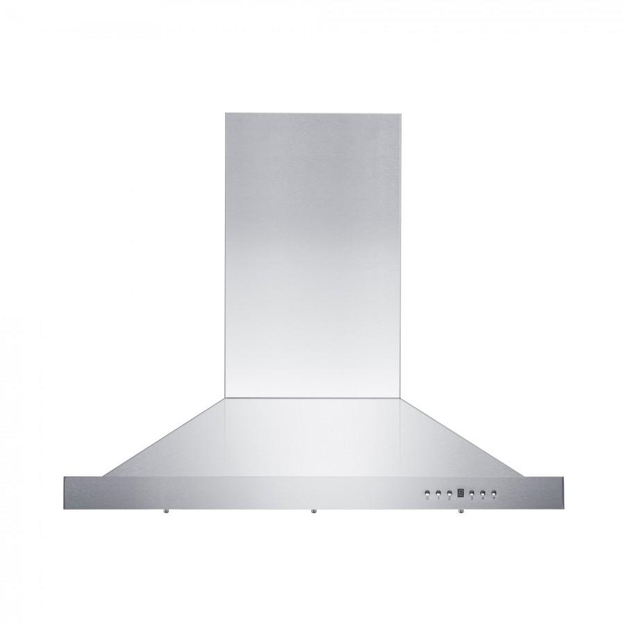 Stainless steel island range hood with tall chimney-style vent cover