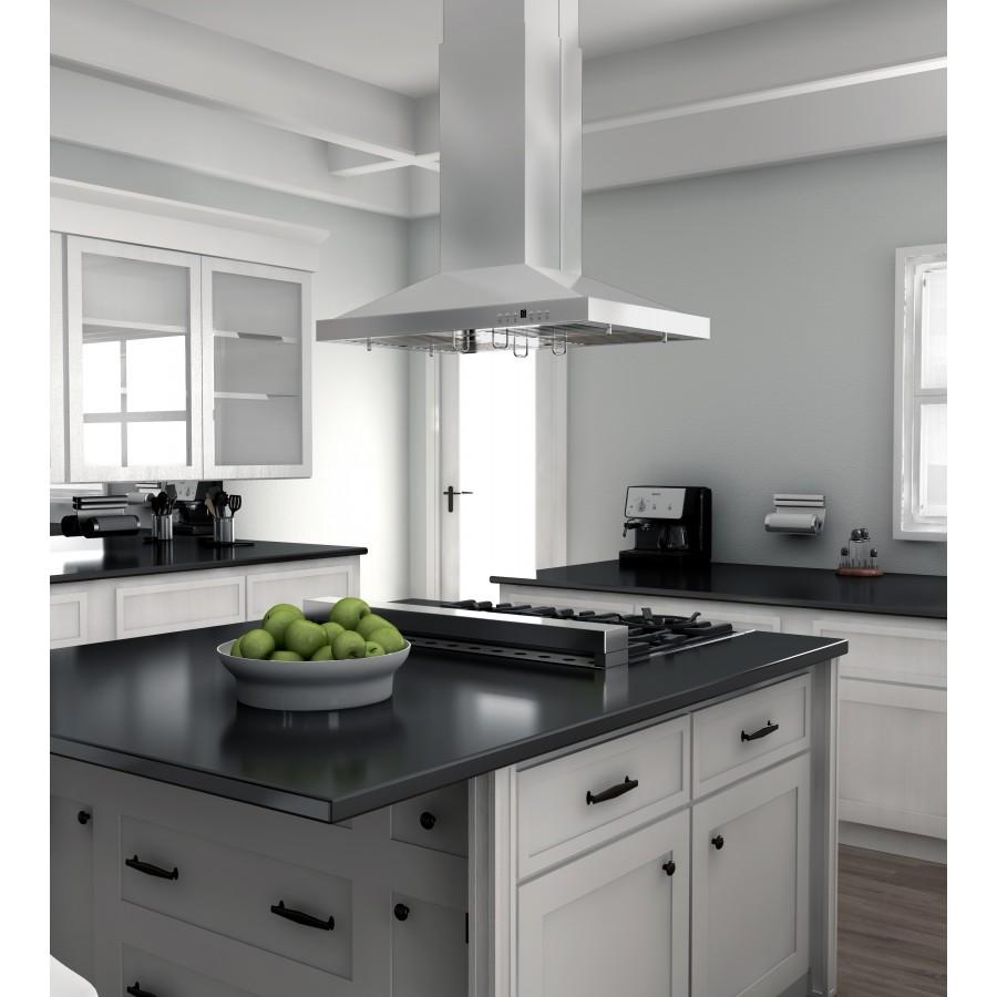 Stainless steel island range hood above a dark countertop in a modern kitchen