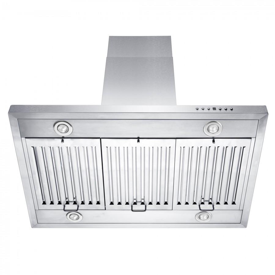 Stainless steel island range hood with front grill, round lights, and control buttons