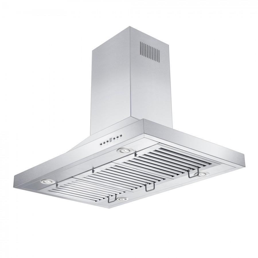 Stainless steel island range hood underside with vent grates and circular lights