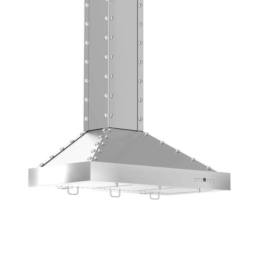 Stainless steel wall range hood canopy with riveted chimney support