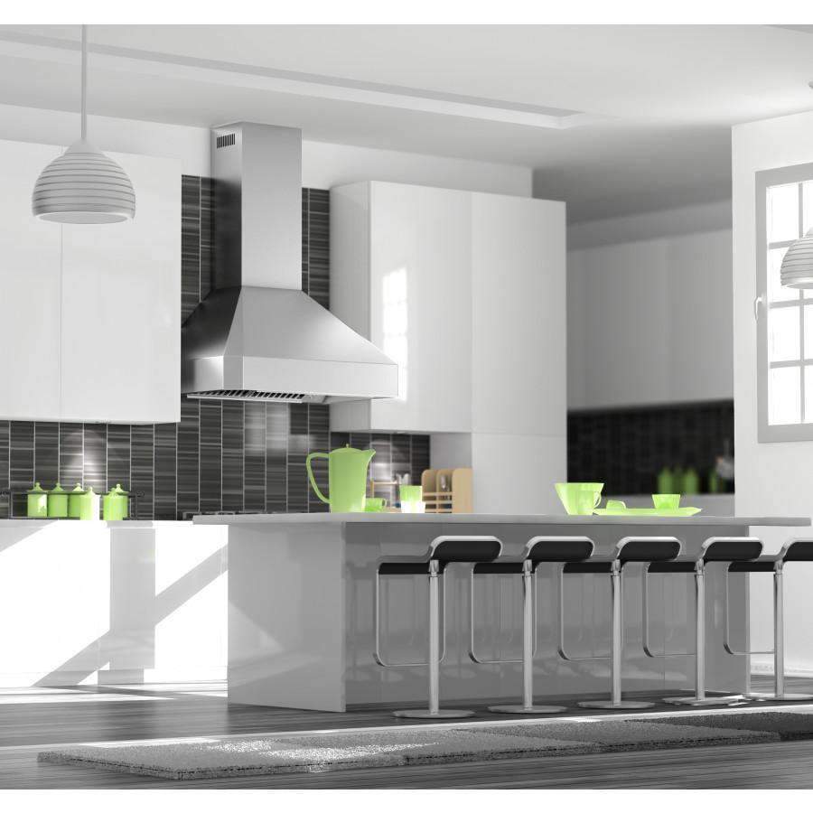 White stainless steel wall range hood above stove, wide kitchen angle view