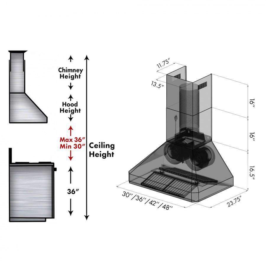 Wall range hood installation dimension diagram showing chimney and hood heights