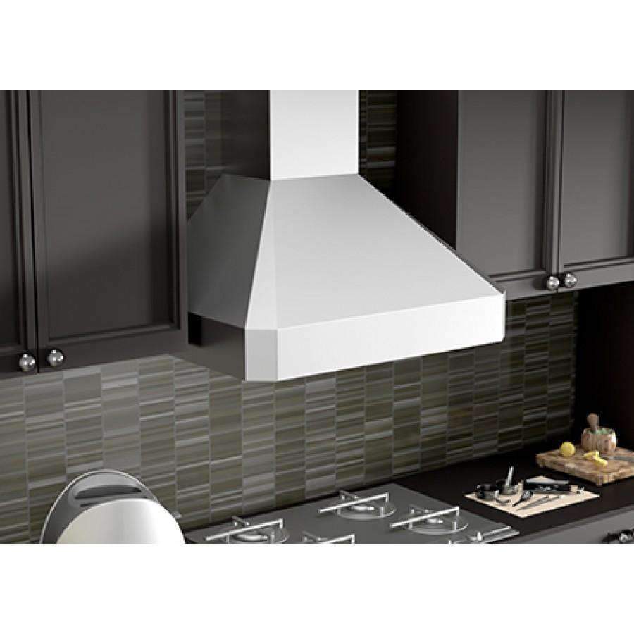 White stainless steel wall range hood, front corner view above backsplash