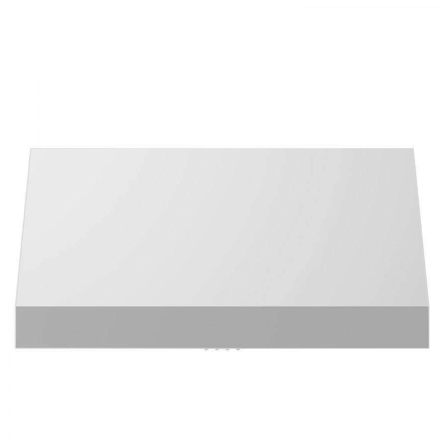 Stainless steel under-cabinet range hood underside with front vent opening