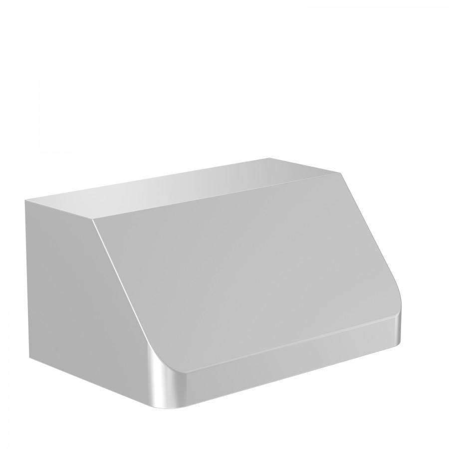 Under-cabinet stainless steel range hood, angled view of curved canopy
