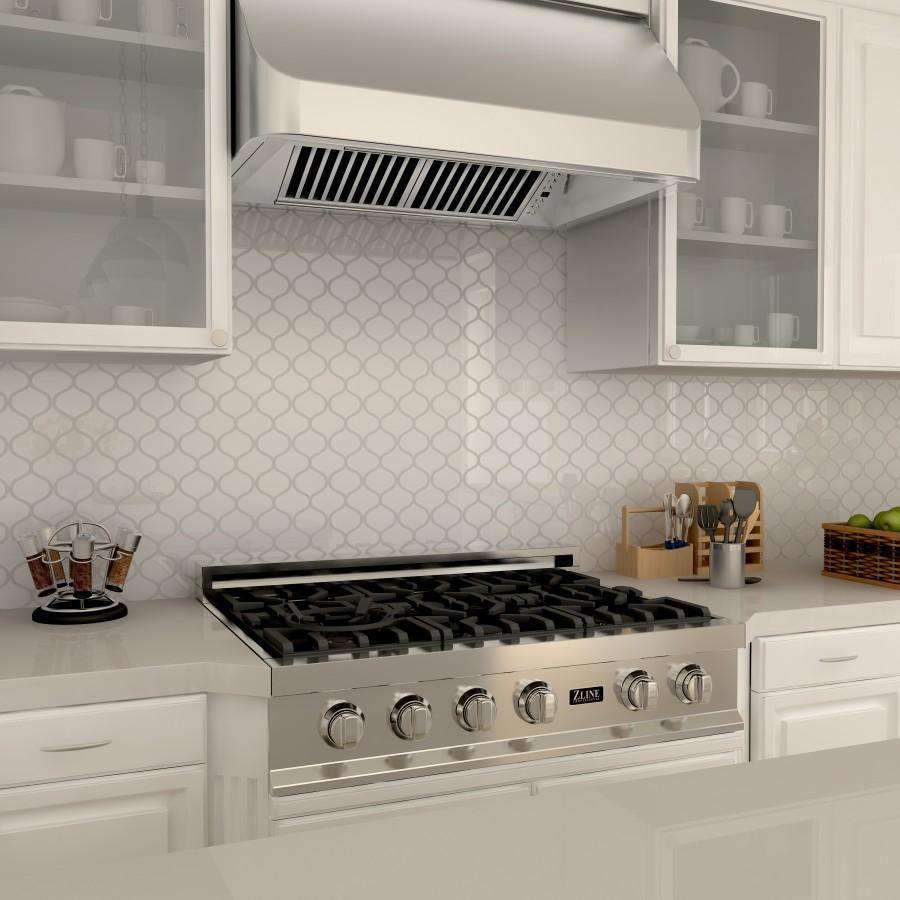 ZLINE under-cabinet stainless steel range hood with vent grille and curved canopy