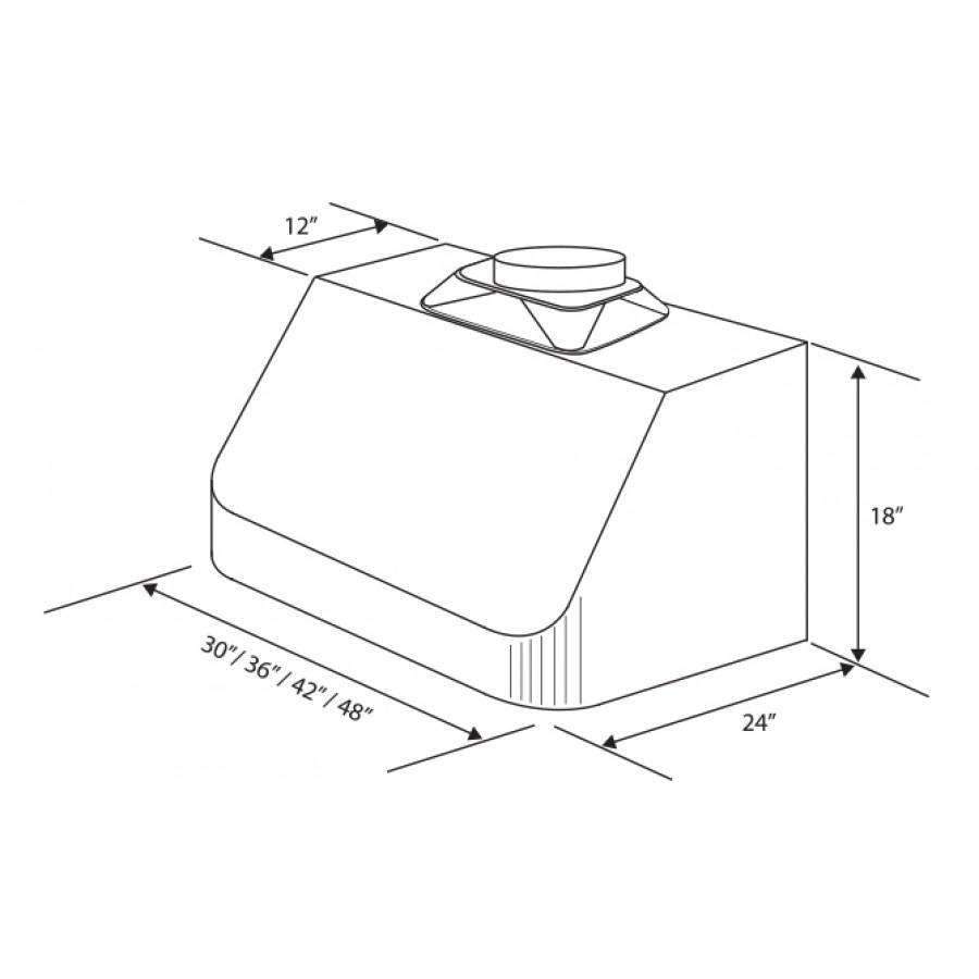 Under-cabinet range hood diagram with dimensions and outlet collar