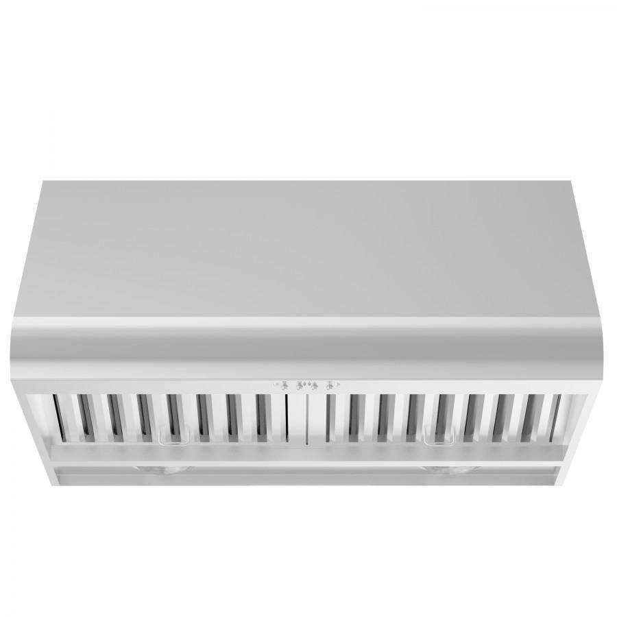 Under-cabinet stainless range hood with front vent grille and rectangular canopy
