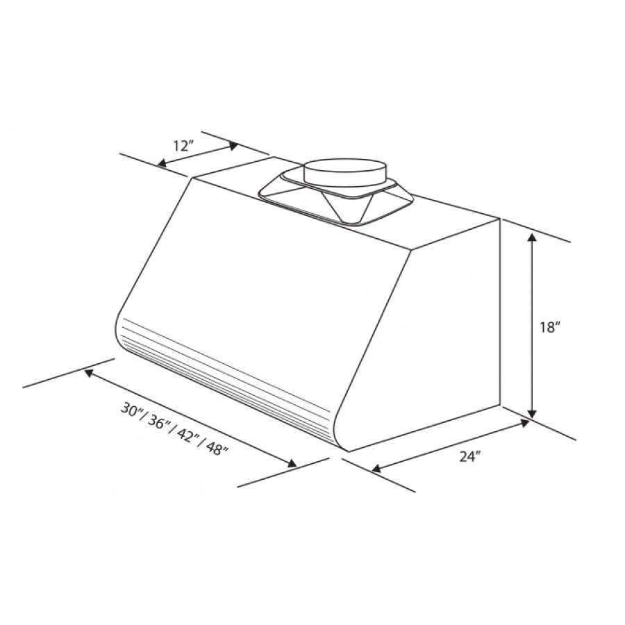 Stainless under-cabinet range hood dimensions diagram, 24" width and 18" height