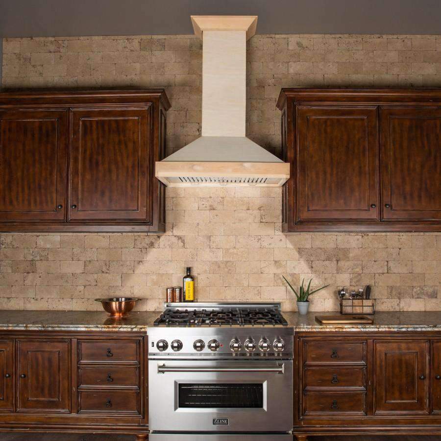 Unfinished wooden wall-mount range hood above stove, light wood chimney