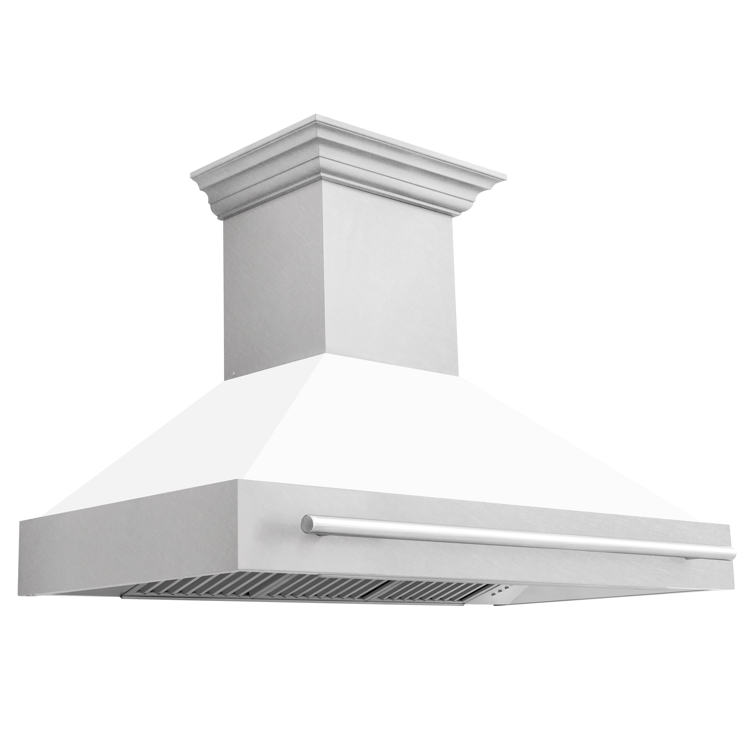 Wall mount range hood with white matte shell and satin stainless canopy, vent grille