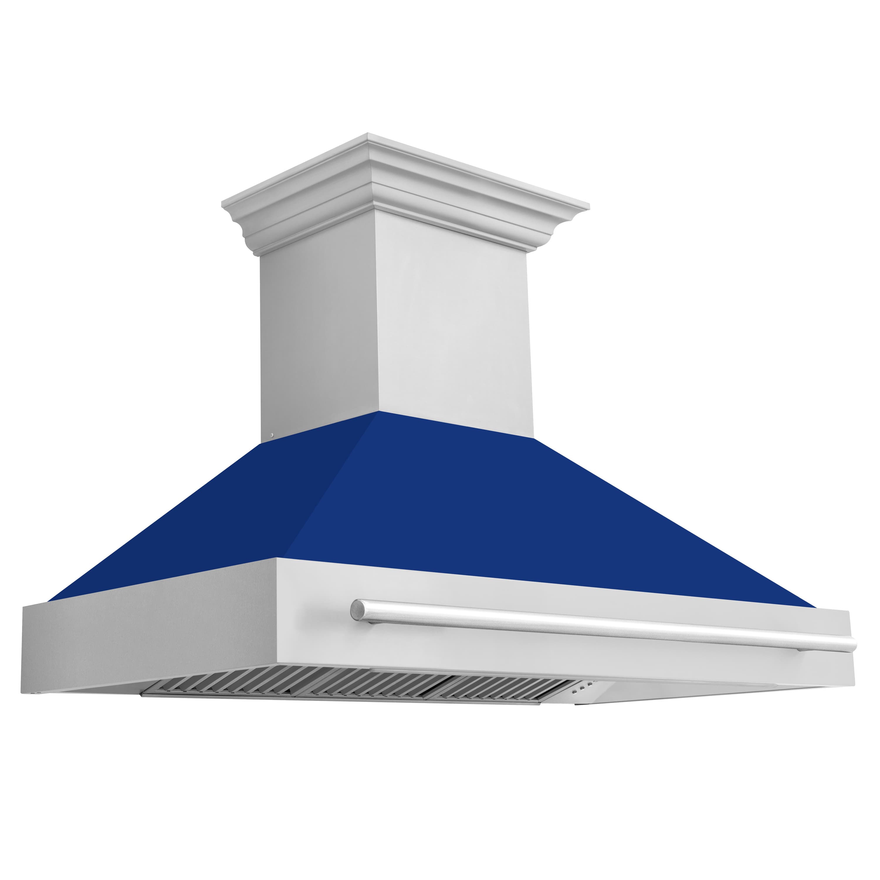 Wall-mount range hood with stainless canopy, bar handle, and blue glass back panel