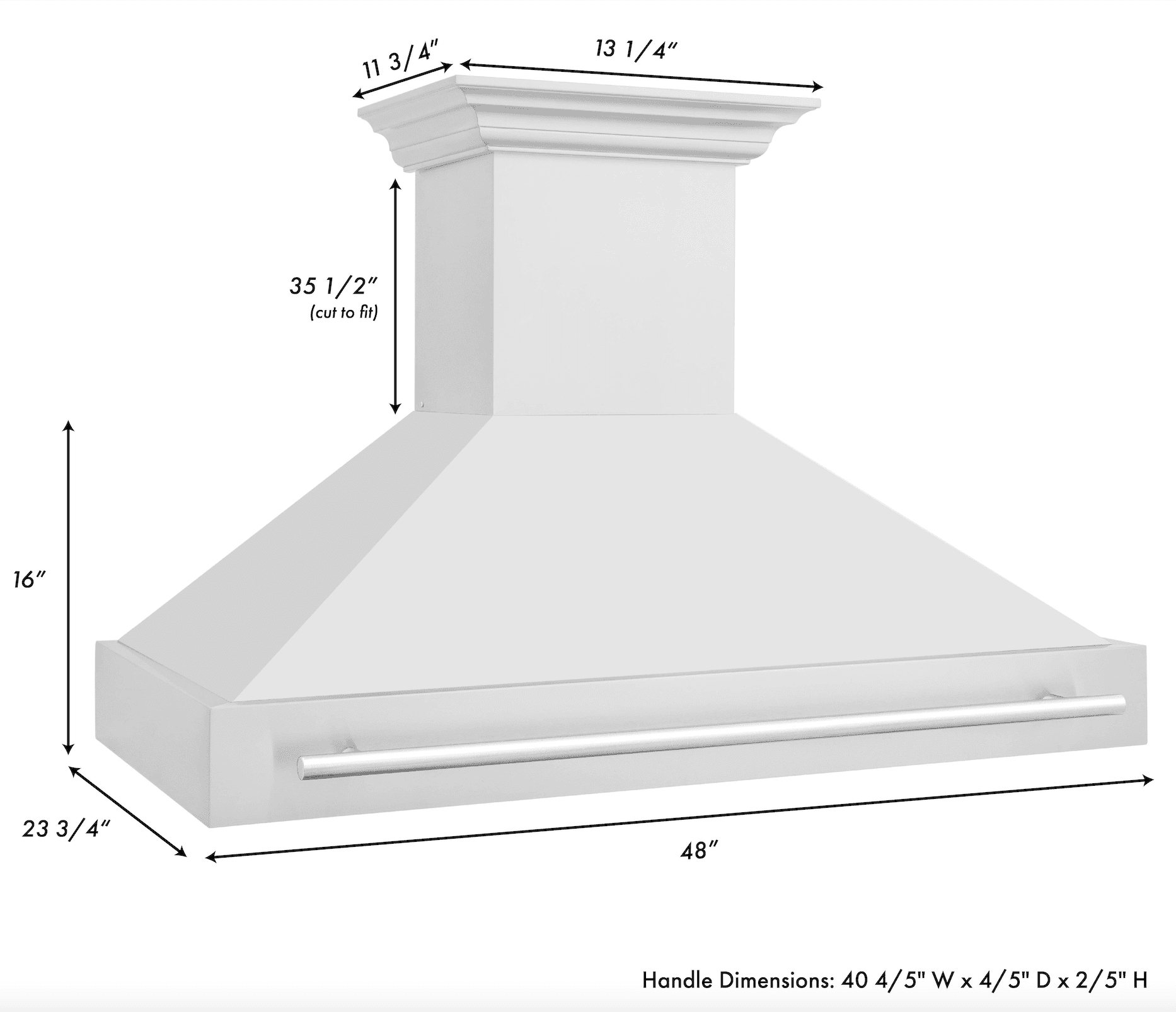 Wall-mount range hood with stainless canopy and bar handle, chimney top view