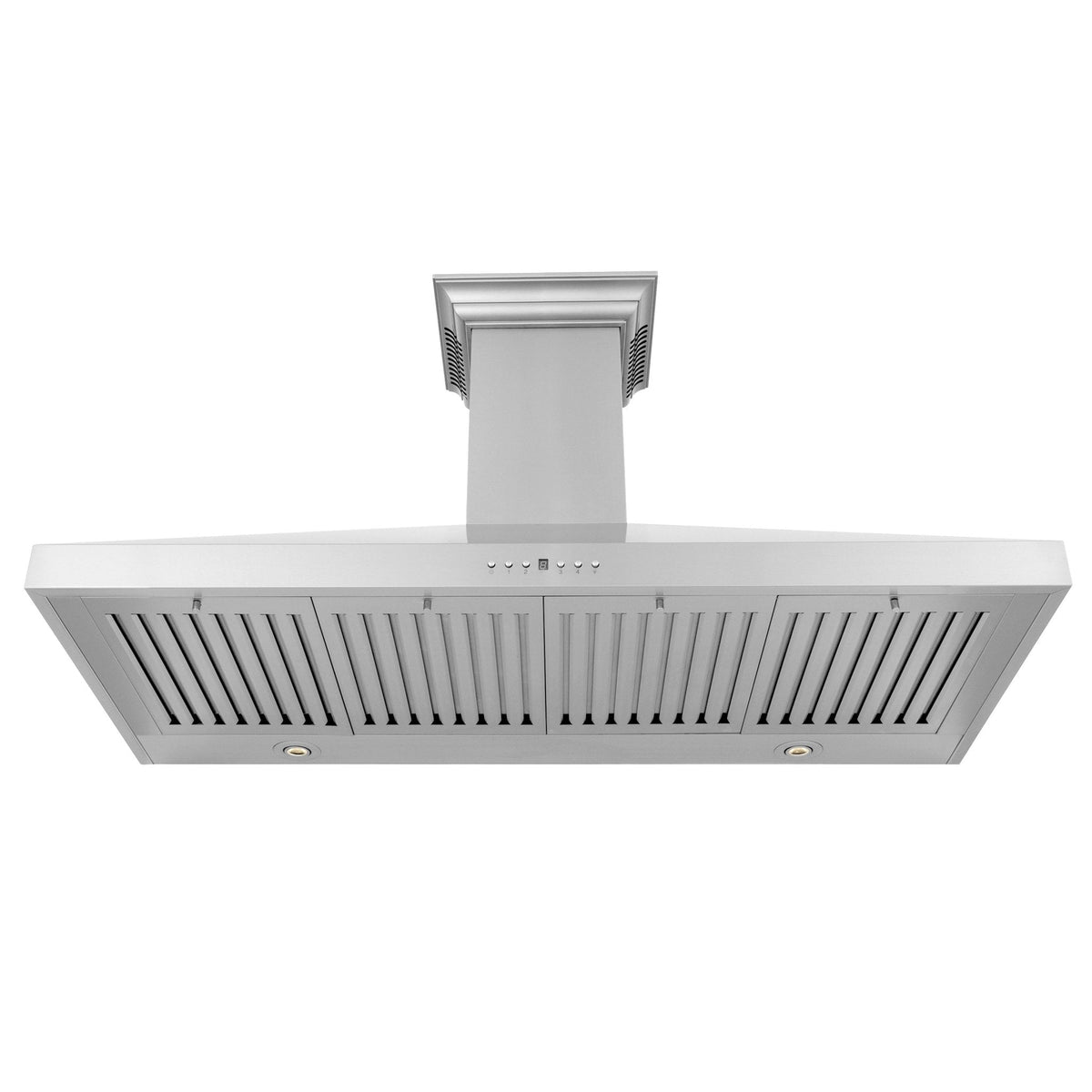 Stainless steel range hood underside with vent slats and chimney top
