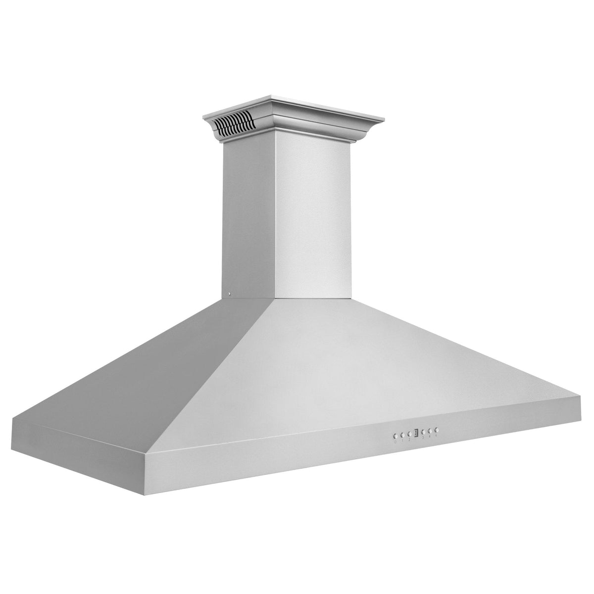 Stainless steel wall mount range hood with flared canopy and chimney column with vent grille