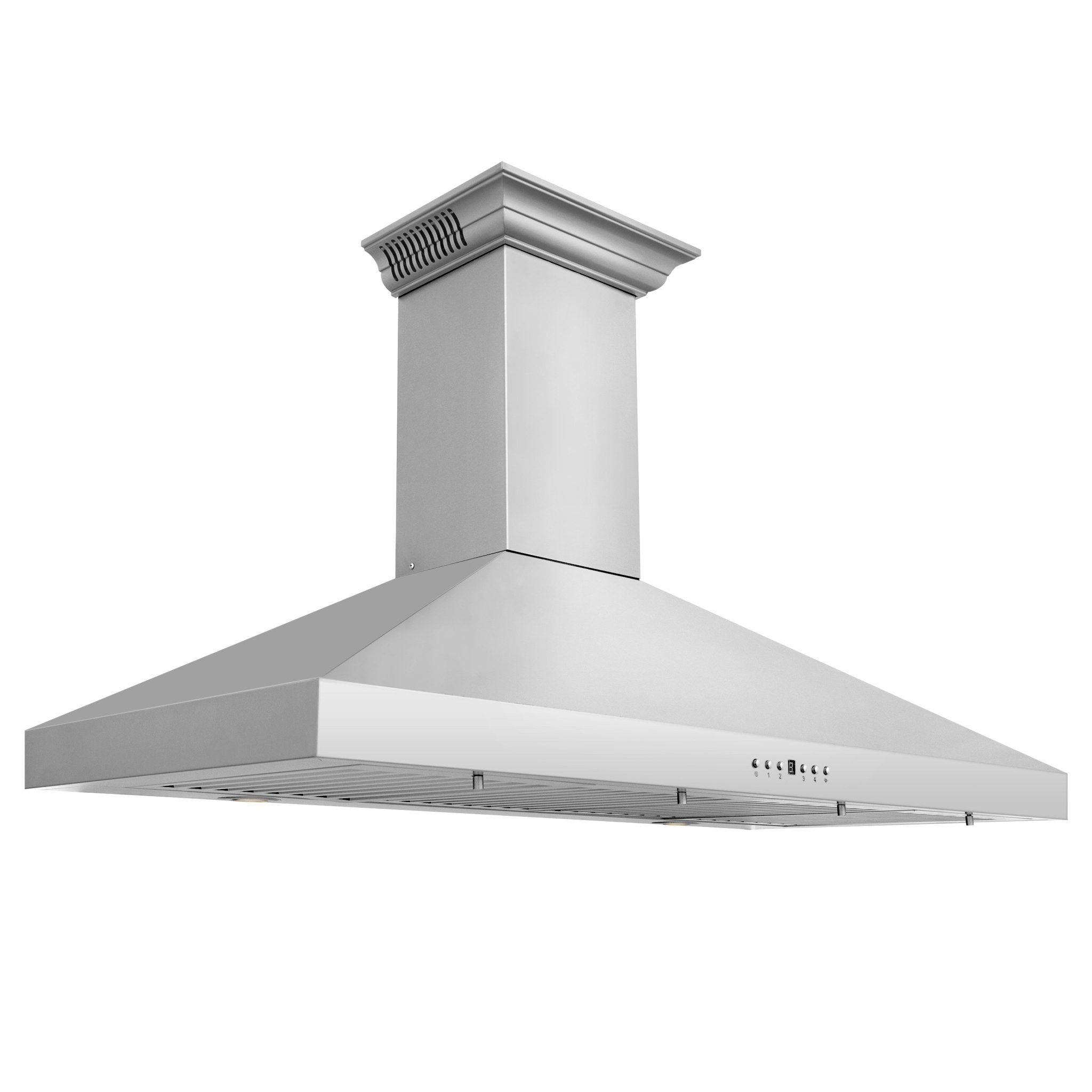 Stainless steel wall mount range hood with chimney-style canopy and vent chimney