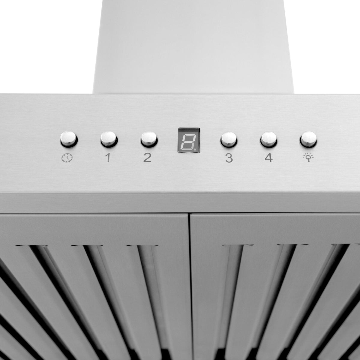 Stainless steel range hood control panel with knobs and small digital display
