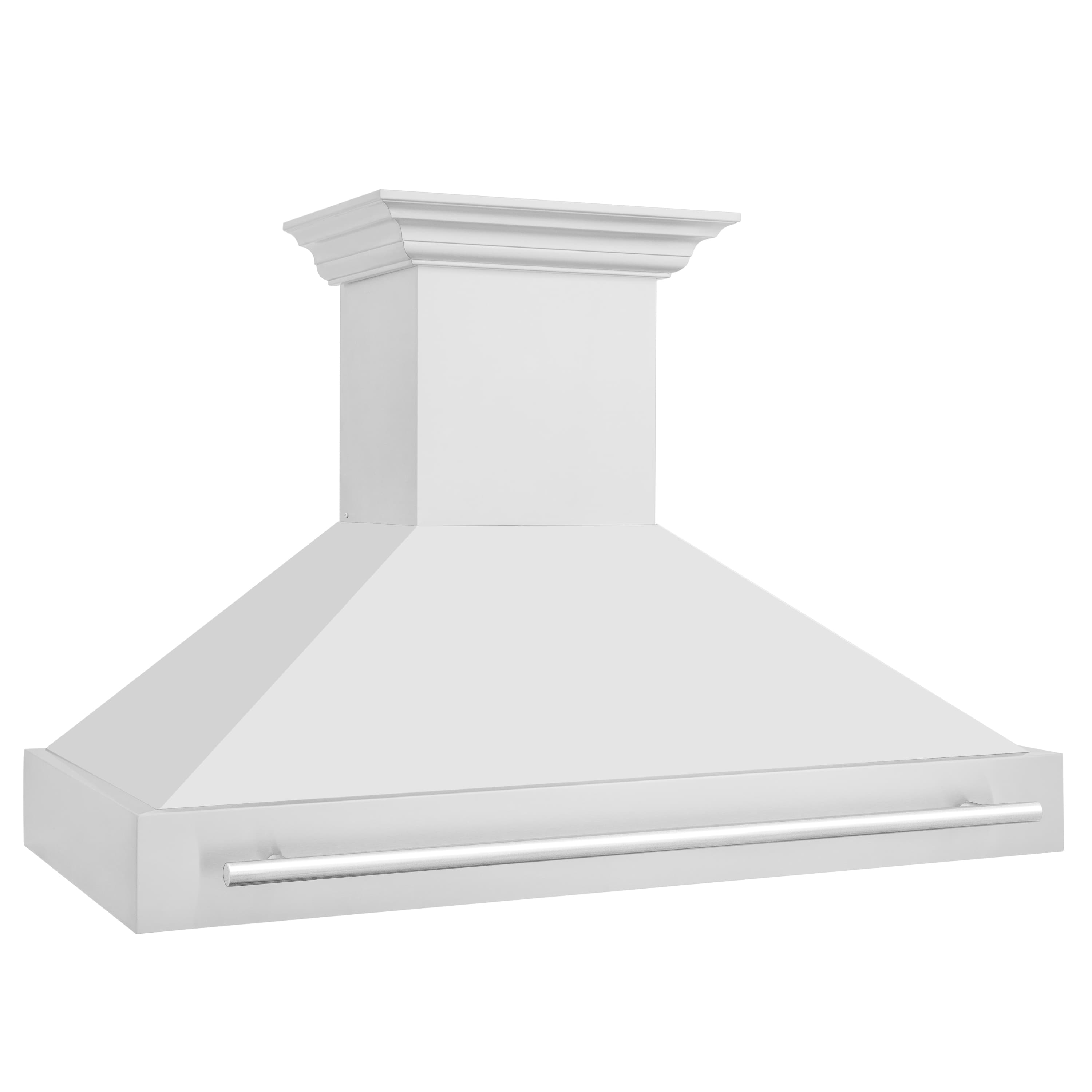Stainless steel wall-mount range hood with front vent panel and long horizontal handle.