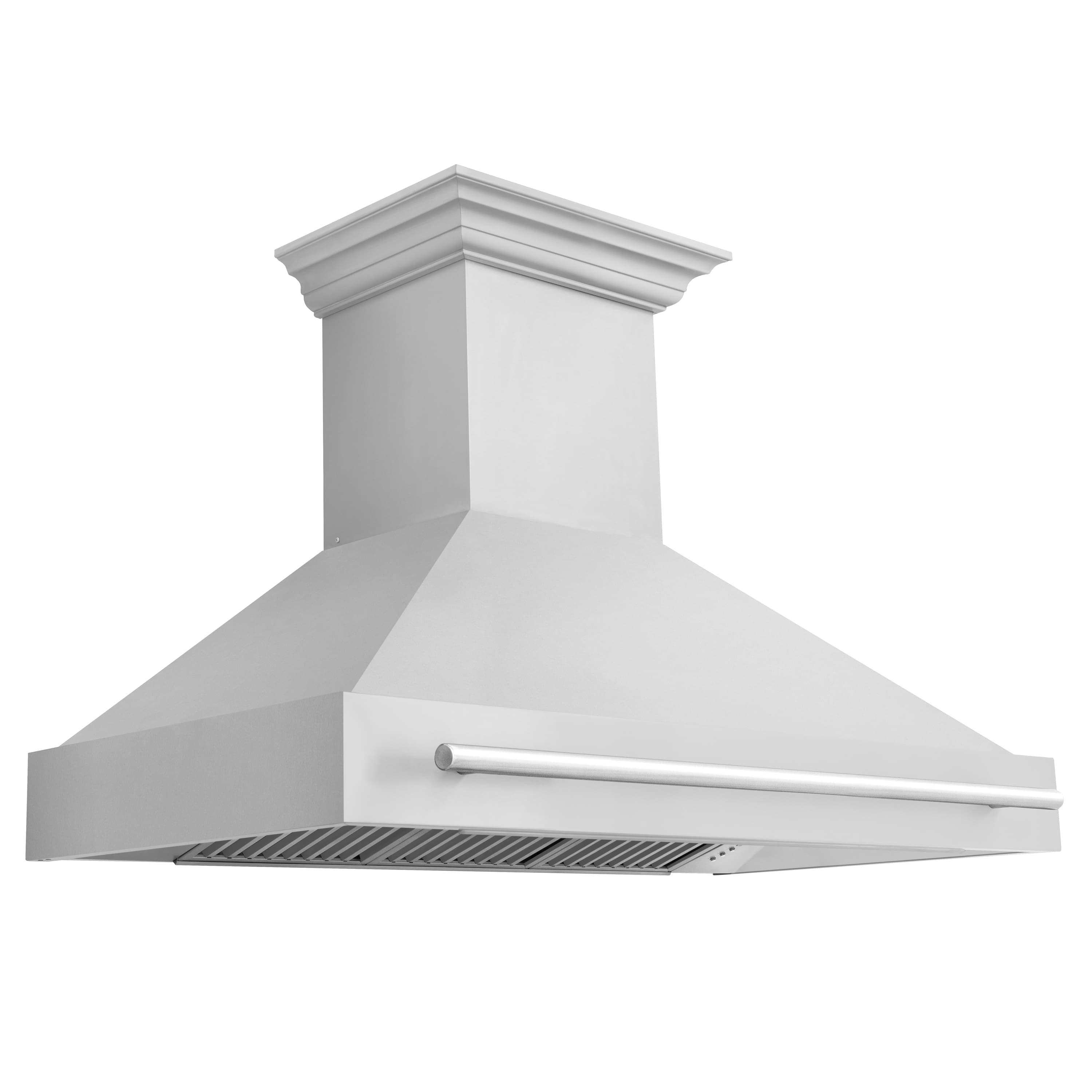 Stainless steel wall-mount range hood with side vent filters and long handle.