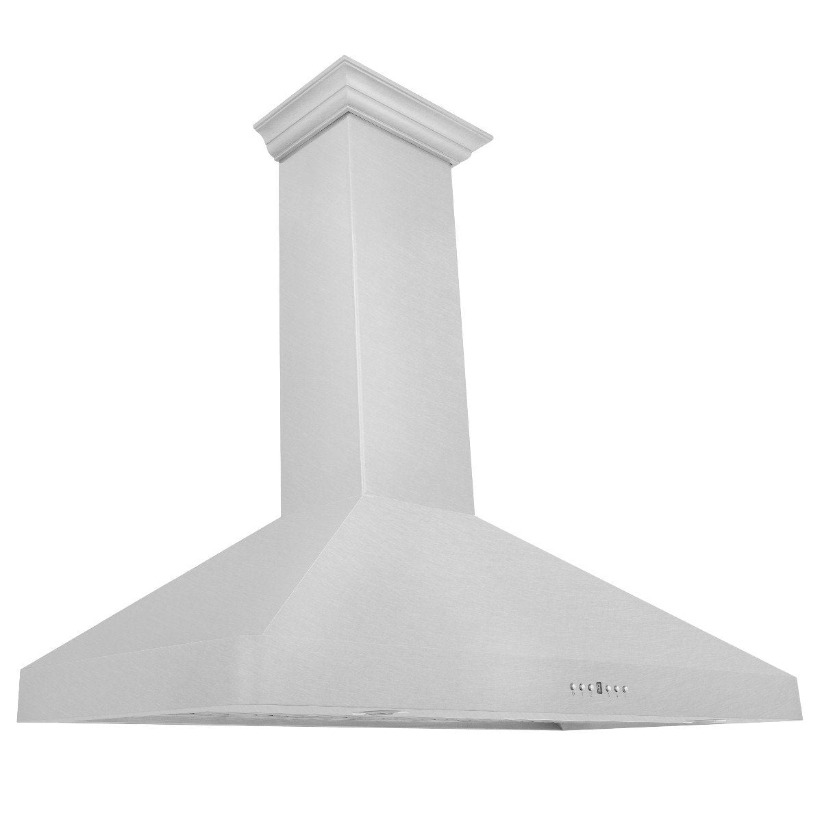 Wall mount range hood side profile with crown molding chimney and control strip