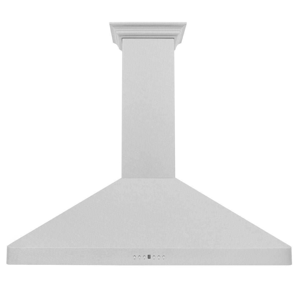 Wall mount range hood with crown molding chimney and wide satin stainless canopy