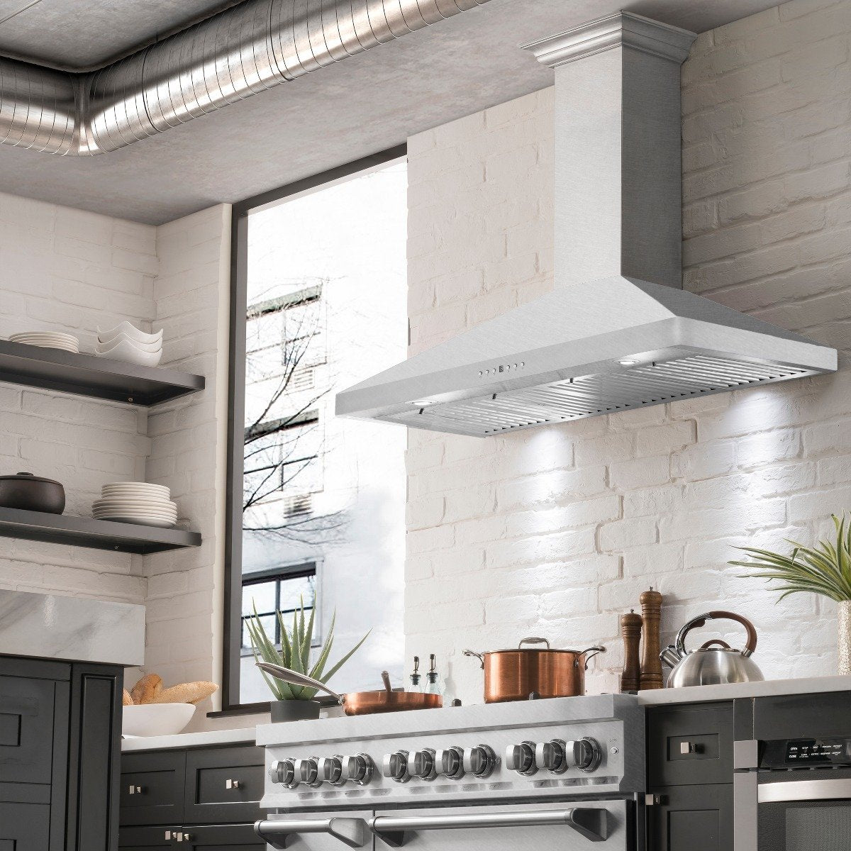 Wall mount range hood with crown molding chimney and satin stainless canopy