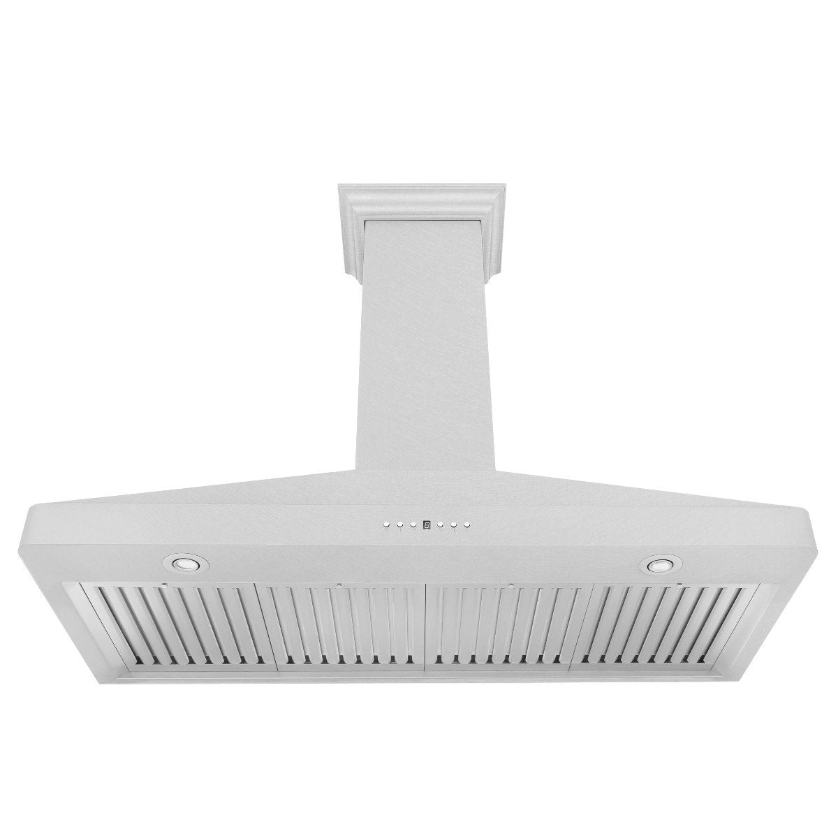 Wall mount range hood underside with vent grille and touch control buttons
