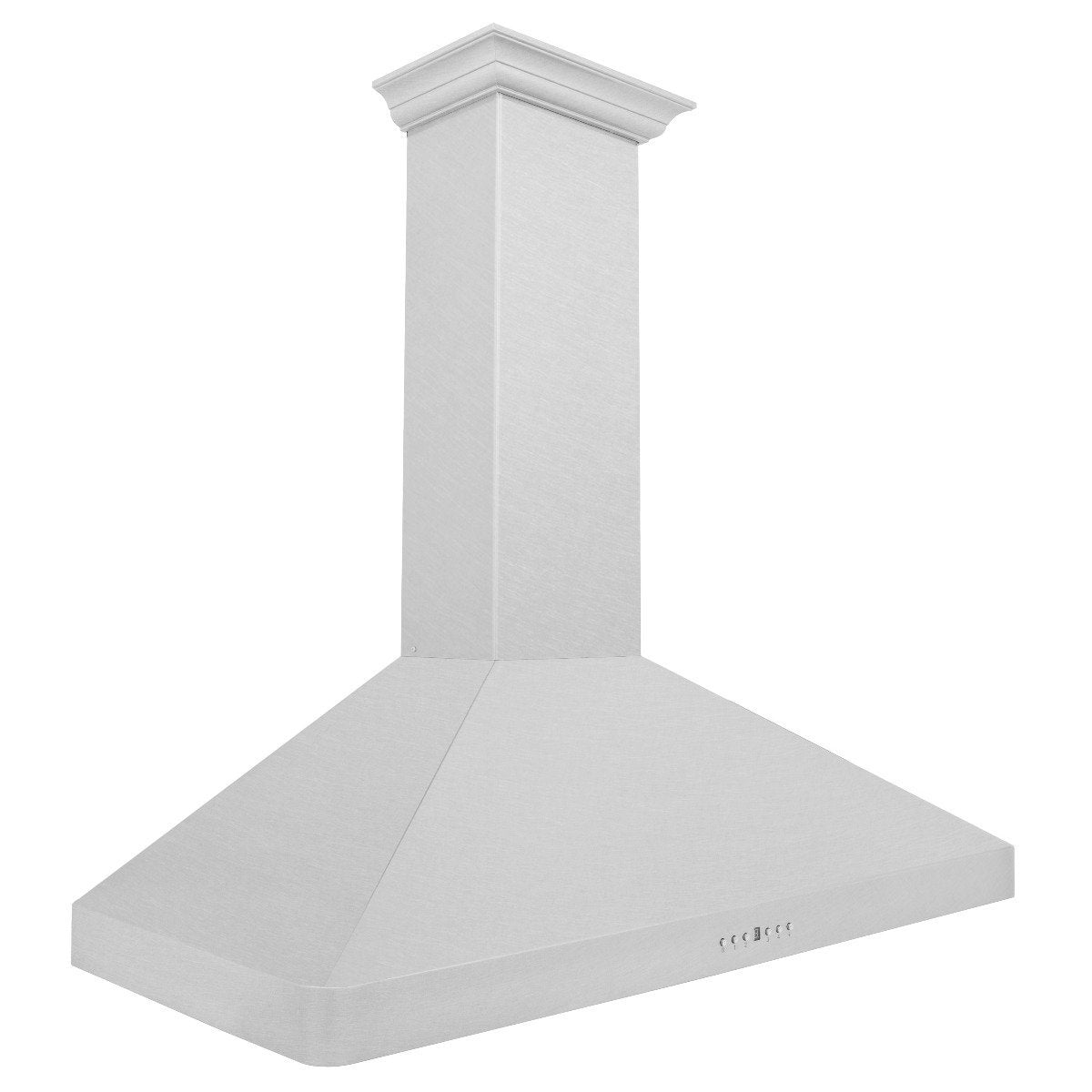 Wall mount range hood with crown molding chimney and satin stainless canopy