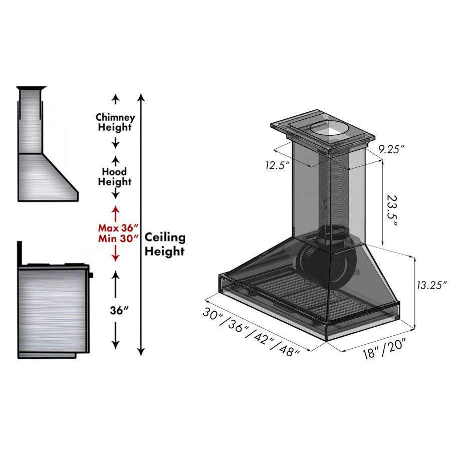 Gray wall mount range hood dimension diagram with hood and chimney height measurements