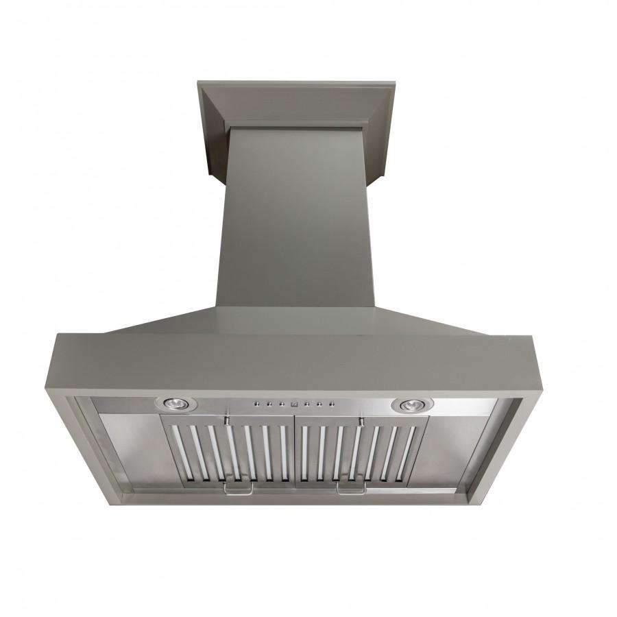 Gray range hood front with stainless filter panel and two round fan controls