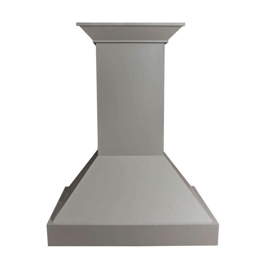 Gray chimney range hood duct cover, front view with flared bottom