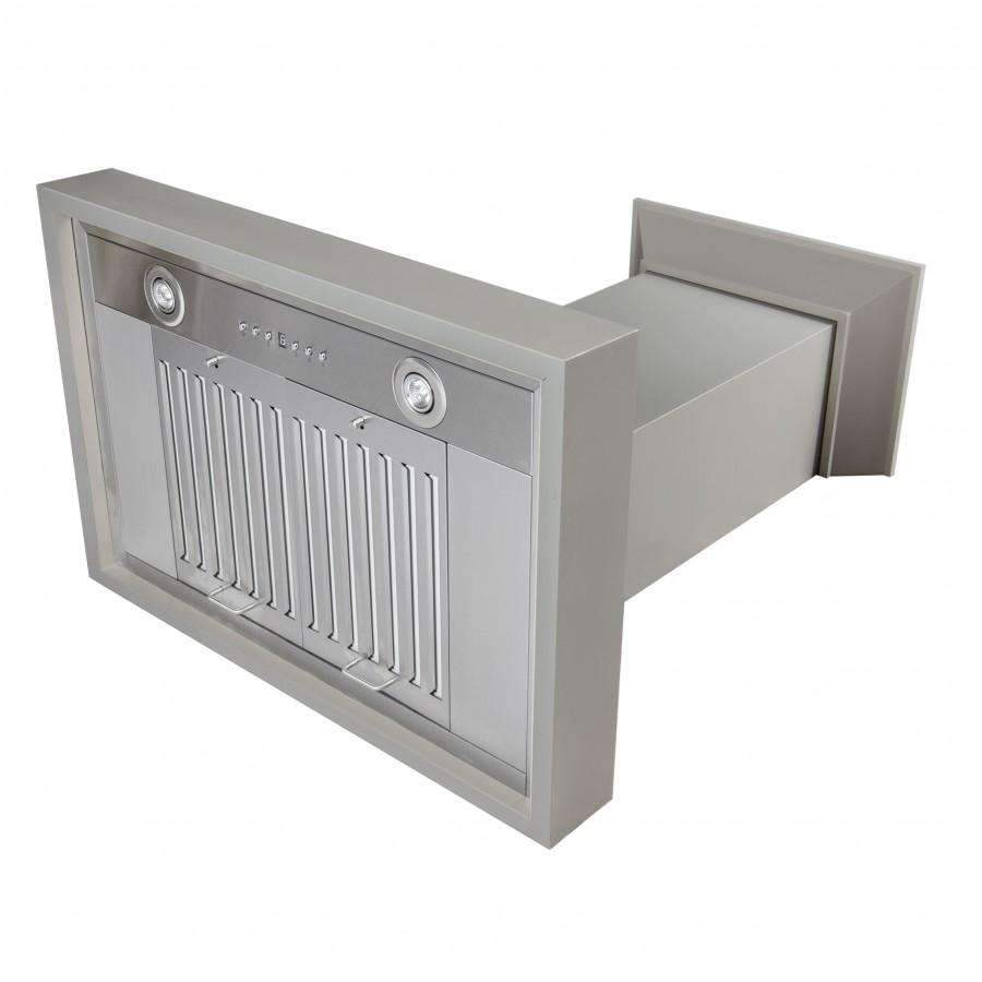 Gray wall mount range hood exterior with vent box and filter grille front detail