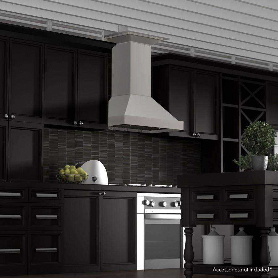 Gray ZLINE wall mount range hood with chimney-style duct cover over cooktop