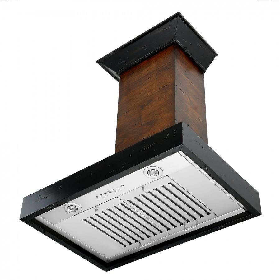 Angled wall range hood with wood chimney and stainless vent interior