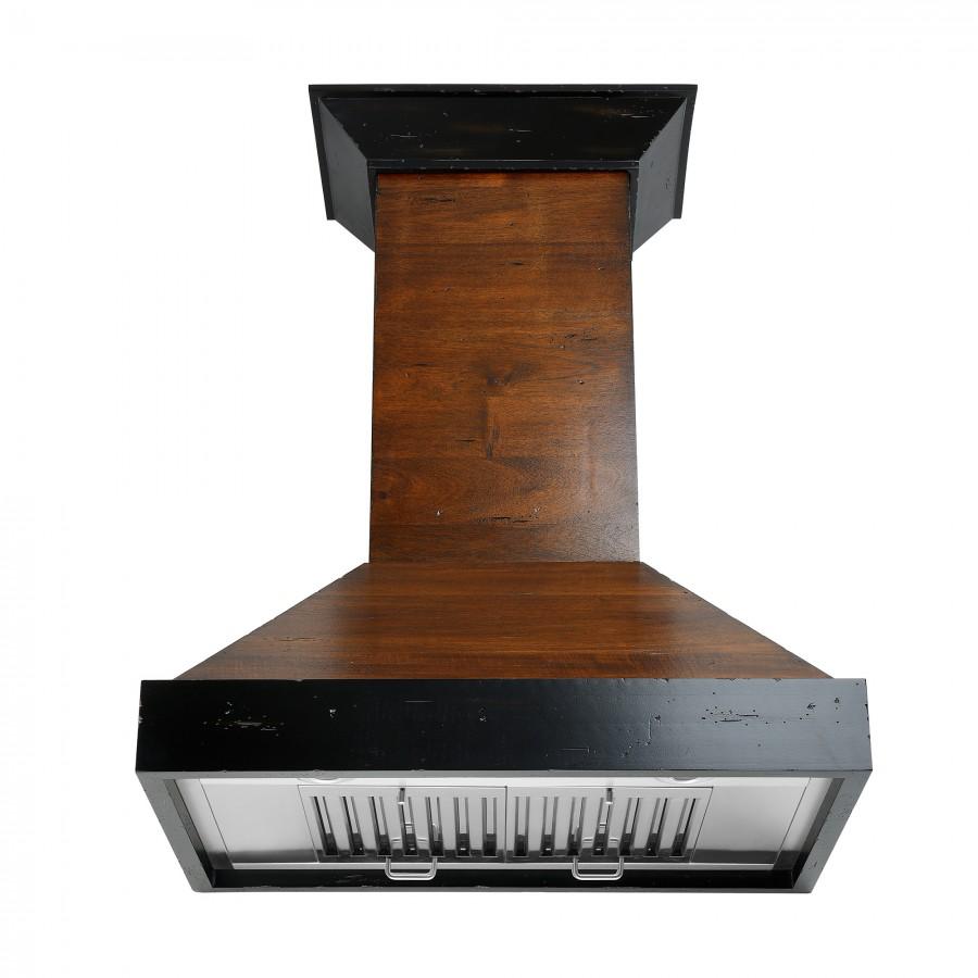 Wood and black wall range hood with stainless vent grille