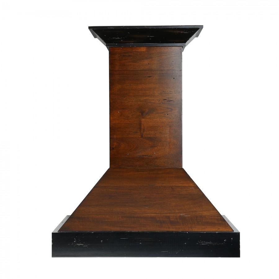 Wood wall range hood chimney with flat top and black vent housing
