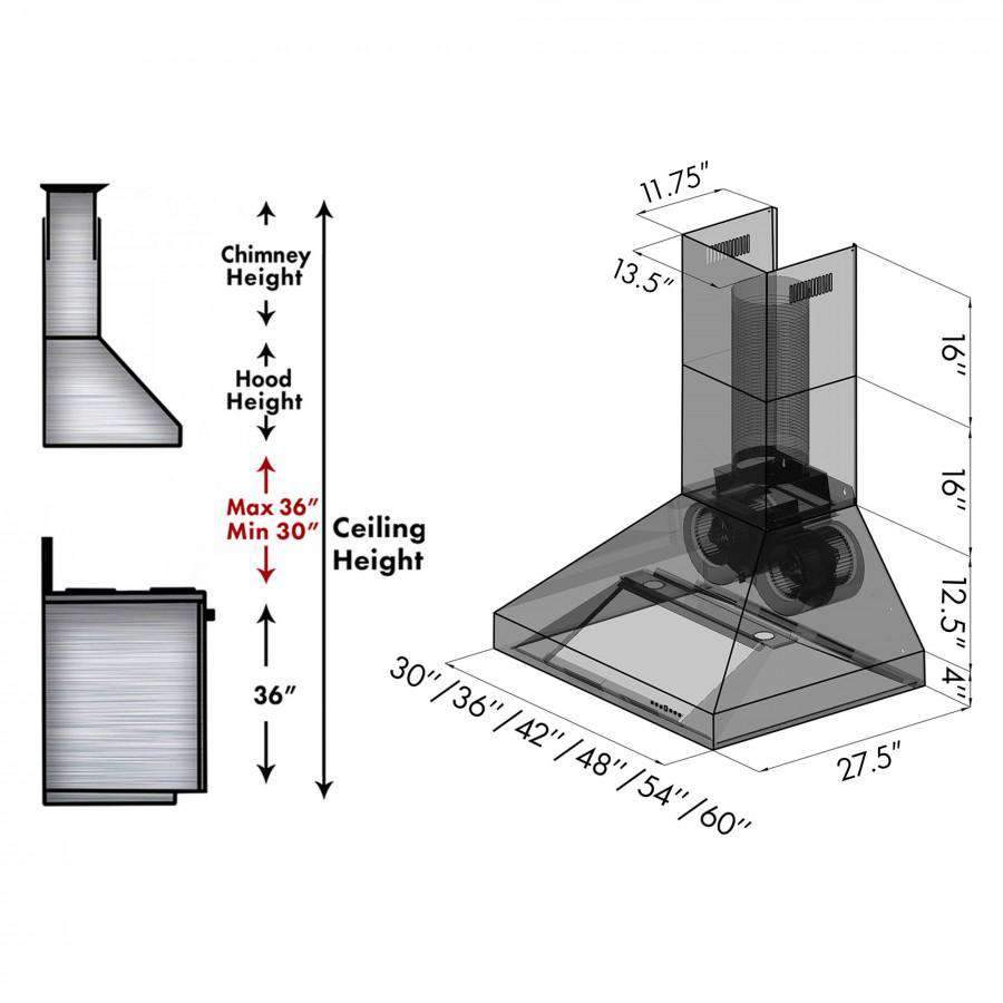 Chimney range hood dimensional diagram with hood height and width measurement callouts