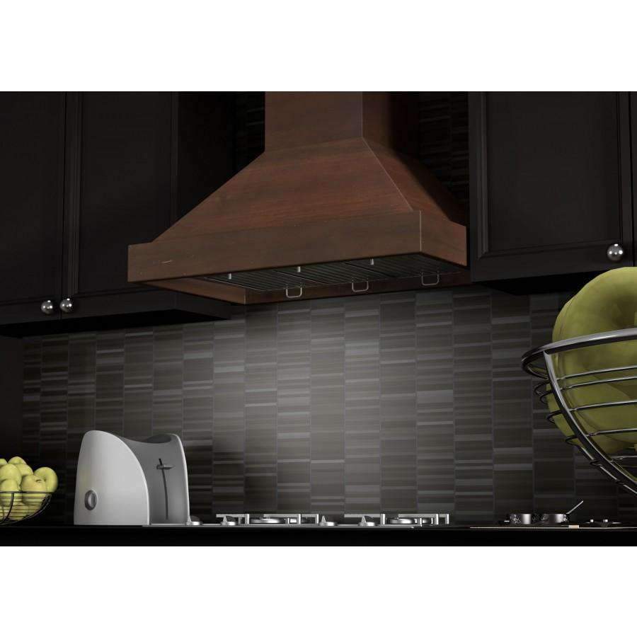 Wall-mounted wooden chimney range hood with brown canopy and stainless vent baffle underside