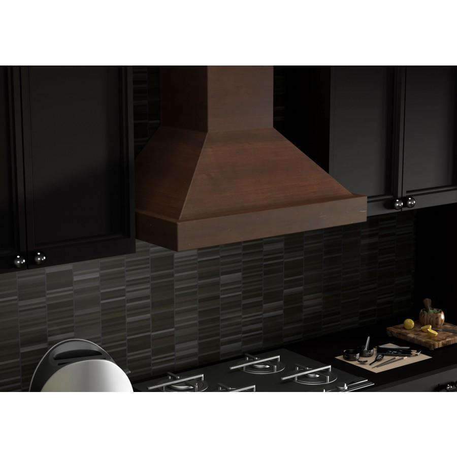 Wall-mounted wooden chimney range hood with brown canopy and stainless filter baffle underside