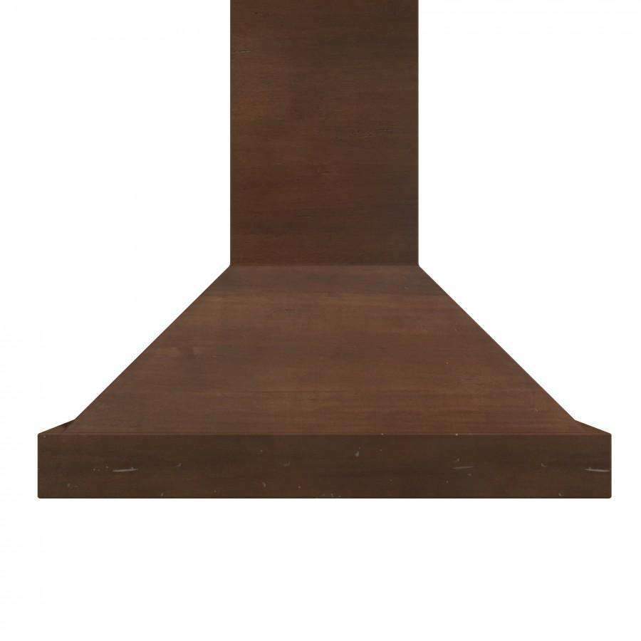 Brown wooden range hood with removable stainless filter panel and front pull-tab handles
