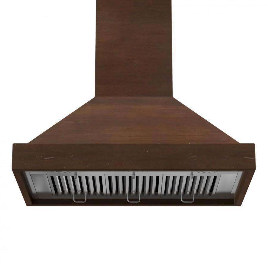 Brown wooden chimney range hood with front stainless vent slats and filter access panel