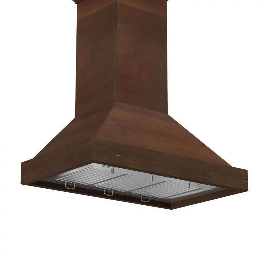 Brown wooden chimney range hood front with stainless filter tray and under-hood baffles