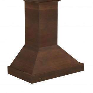 Brown wooden chimney hood canopy with straight sides and tapered flue section