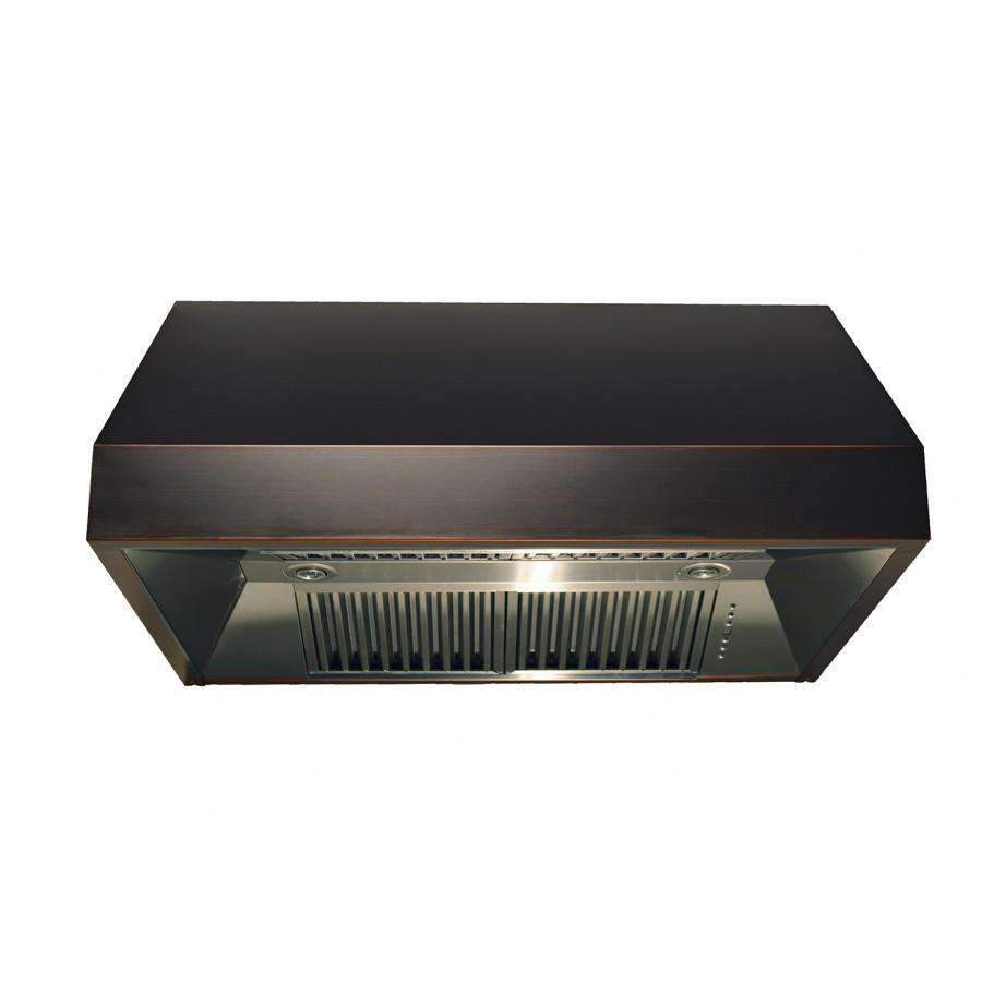 Under-cabinet range hood front view in dark oil-rubbed bronze with stainless vent panel