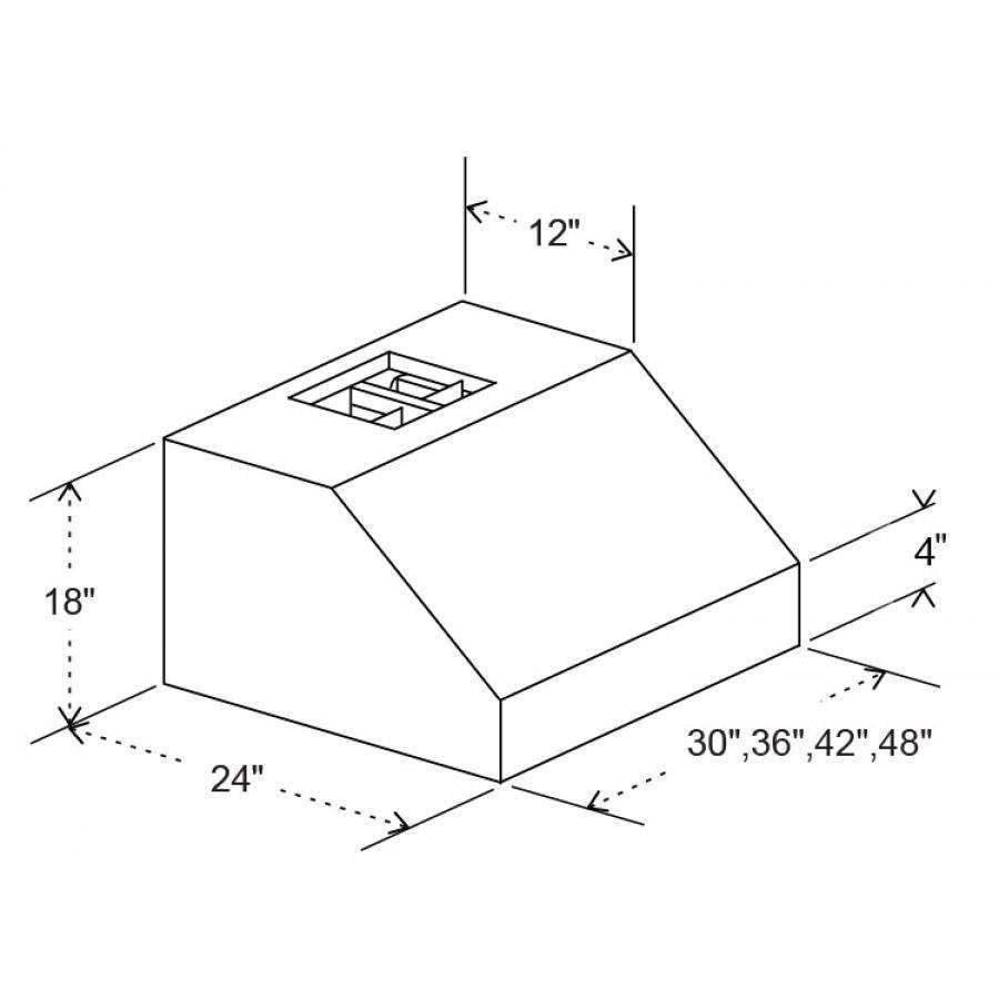 Dimensional diagram of under-cabinet range hood with mounting and vent measurements